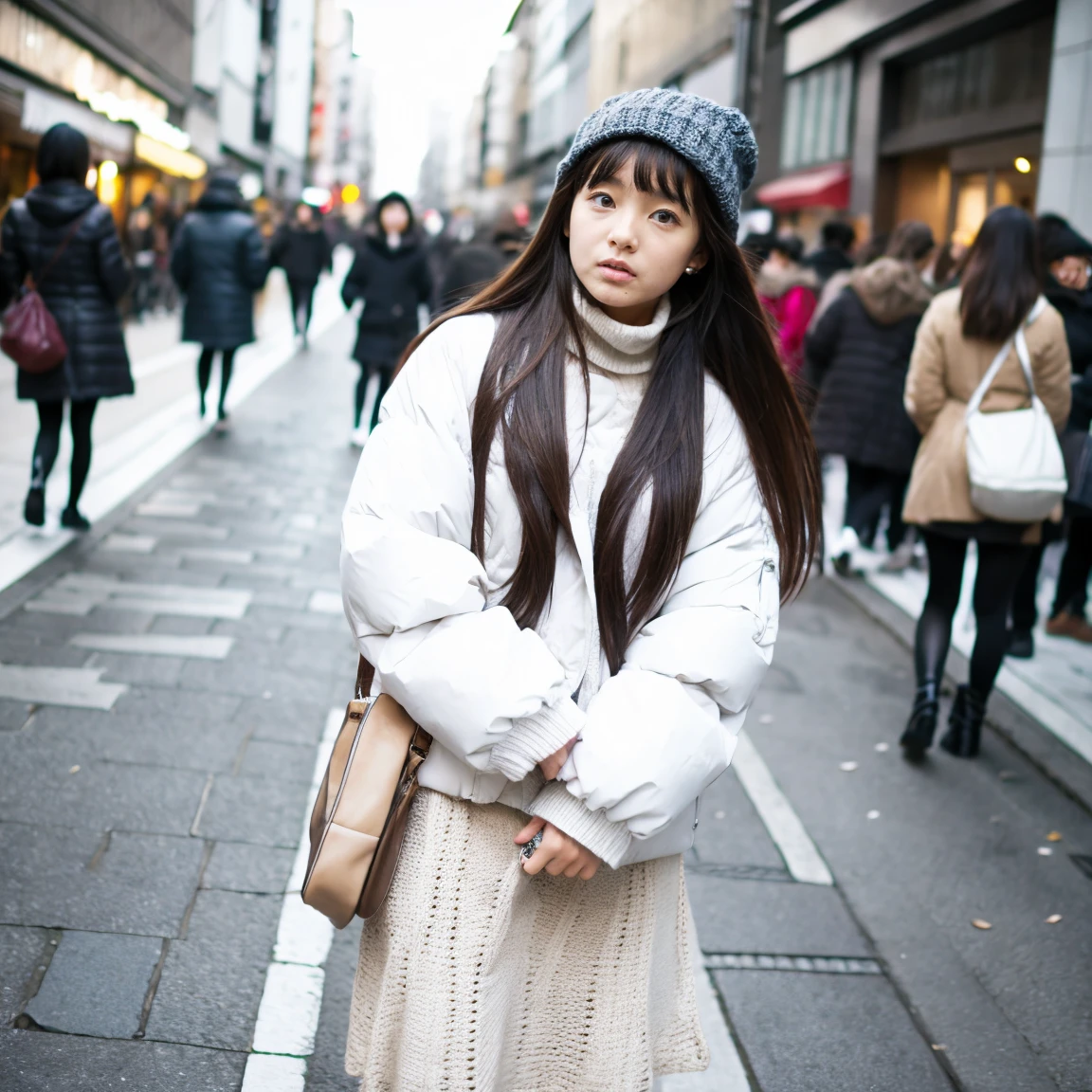 Beautiful girl wearing a white down jacket、japanes、17 age、In the street、serious facial expression、Knitted skirt、knit tights、Mouton Boots、