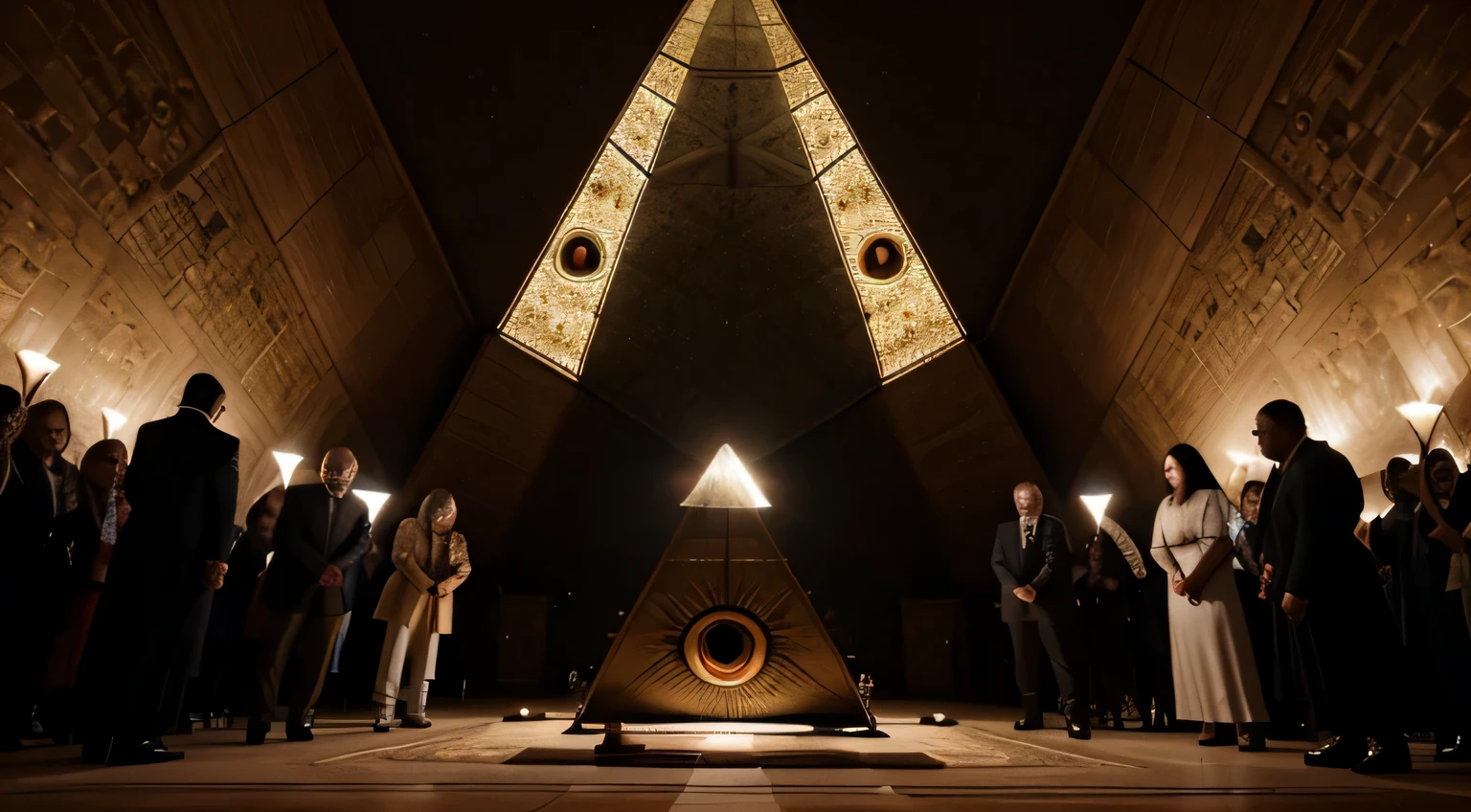 Illuminati group of several powerful people performing a ritual with the all-seeing eye pyramid, a very beautiful and magnificent place