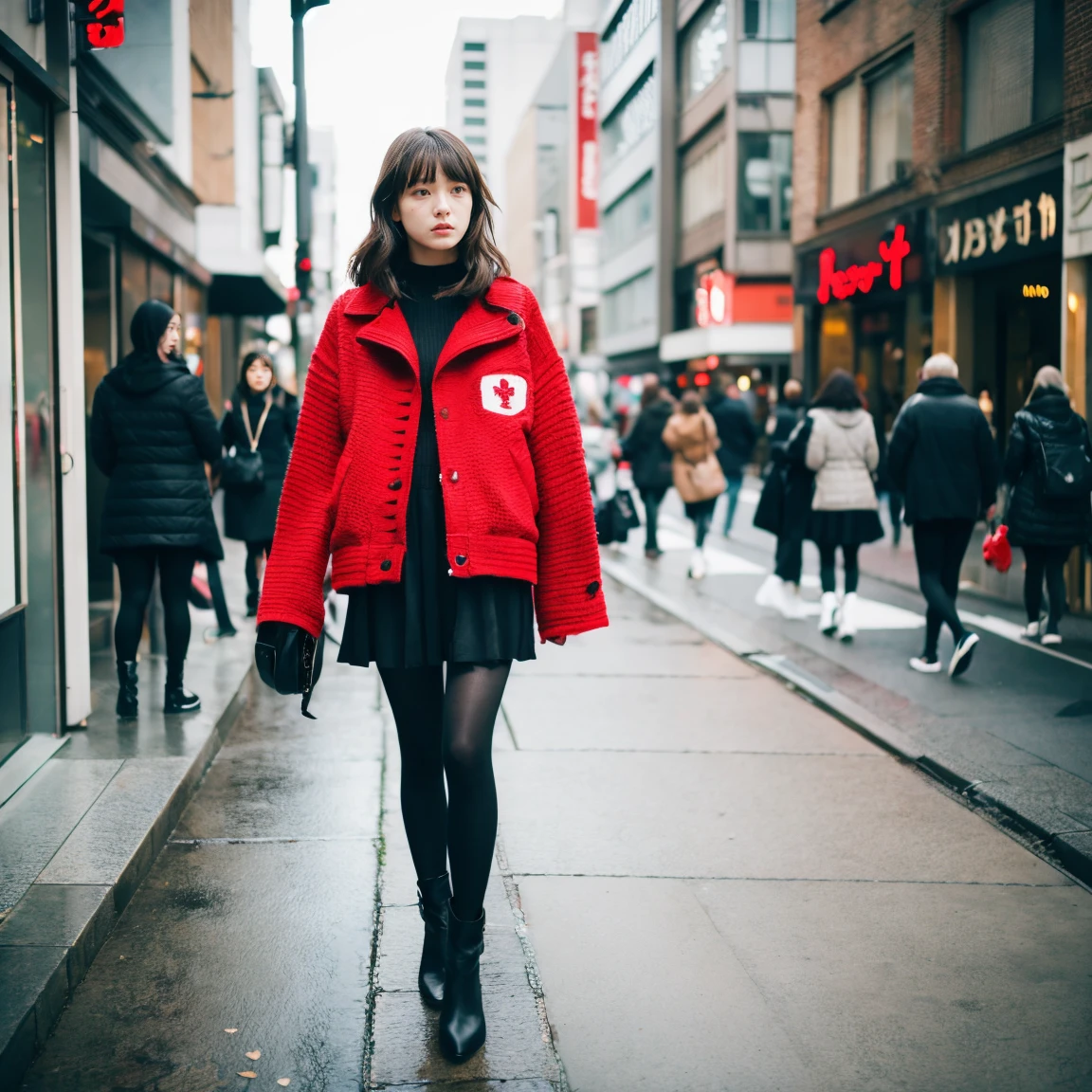 Beautiful girl wearing a red down jacket、japanes、17 age、In the street、serious facial expression、Knitted skirt、black knit tights、Mouton Boots、White inner、