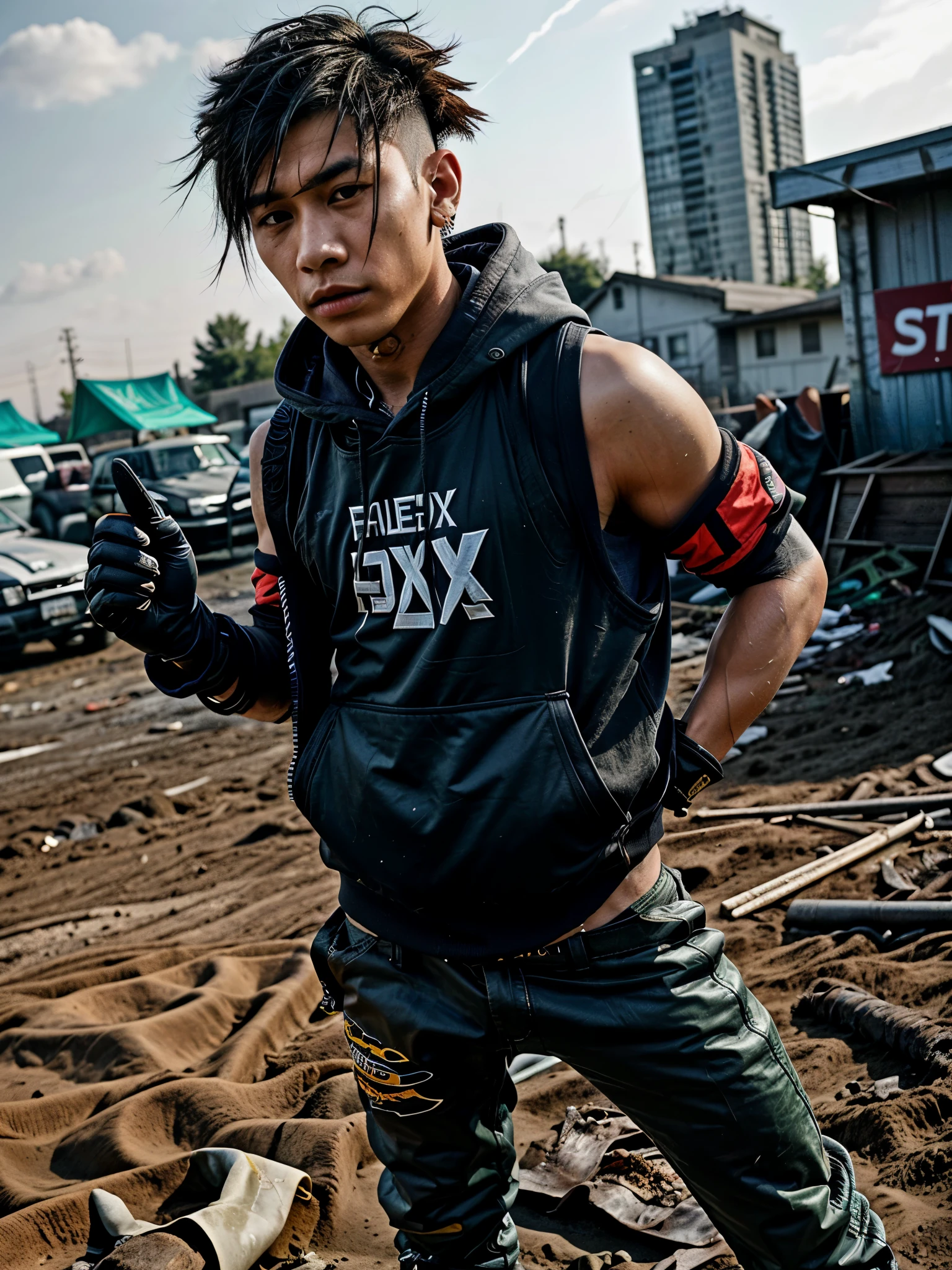 Best Quality,hight resolution:1.2) an young asian male rapper with a short mullet, Fox Motocross gloves, Fox Motocross pants, mx boots, ripped hoodie, bulletproof vest, in the style war aesthetics, post war, post-apocalyptic world, photorealistic, sharp focus, raw photo,(photoshoot style), ,