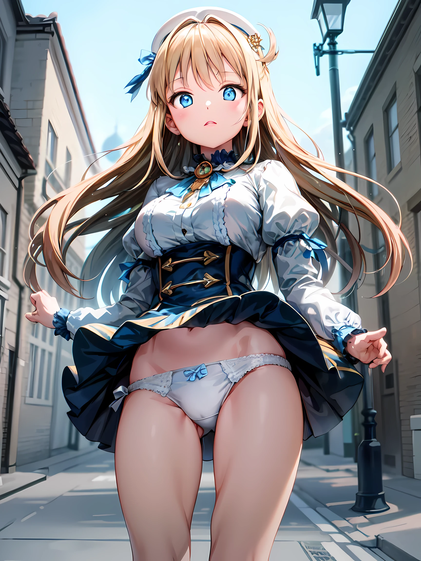 ultra detailed game CG, (High resolution:1.1),(absurderes:1.1), Best Quality, Ultra high definition, The highest resolution, Very detailed, Anime,  1girl in,  (Highkick:1.2), Blonde hair, Blue eyes, White blouses, (White panty:1.2), Blue Ribbon, corsets, broach, under the boobs, thighs thighs thighs thighs, Medieval European Streets, Wind