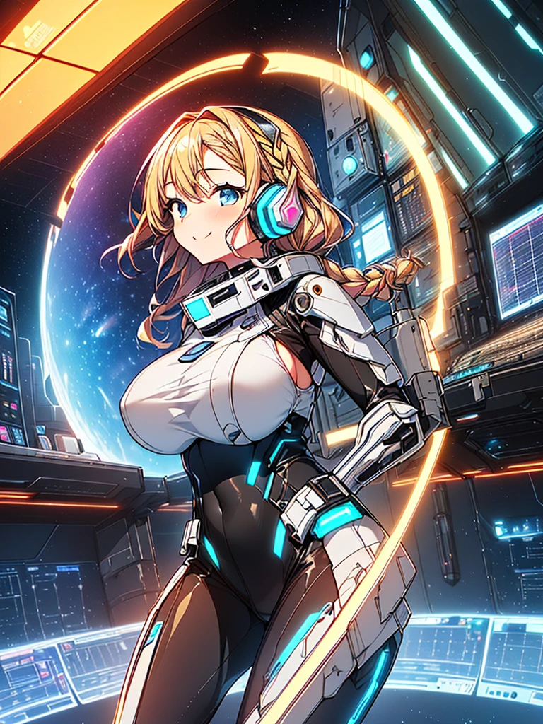 masterpiece:1.4, 1girl in ((20yr old, Wearing a tight, futuristic metallic white bodysuit,long boots, huge-breasted, blonde hair, long,Braided hair,marguerite'Hairstyles, Perfect model body, Blue eyes:1.4, Wearing headphones, Flirting, Happy, Looking out the window of the futuristic sci-fi space station、While admiring the beautiful galaxy:1.2, SFSF control room on night background:1.1, Neon and energetic atmosphere:1.2)) ((Galaxy)) ((Solo:1.6))