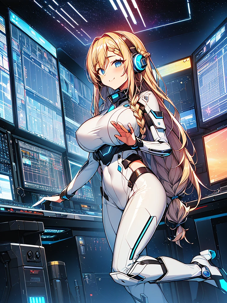 masterpiece:1.4, 1girl in ((20yr old, Wearing a tight, futuristic metallic white bodysuit,long boots, huge-breasted, blonde hair, long,Braided hair,marguerite'Hairstyles, Perfect model body, Blue eyes:1.4, Wearing headphones, Flirting, Happy, Looking out the window of the futuristic sci-fi space station、While admiring the beautiful galaxy:1.2, SFSF control room on night background:1.1, Neon and energetic atmosphere:1.2)) ((Galaxy)) ((Solo:1.6))