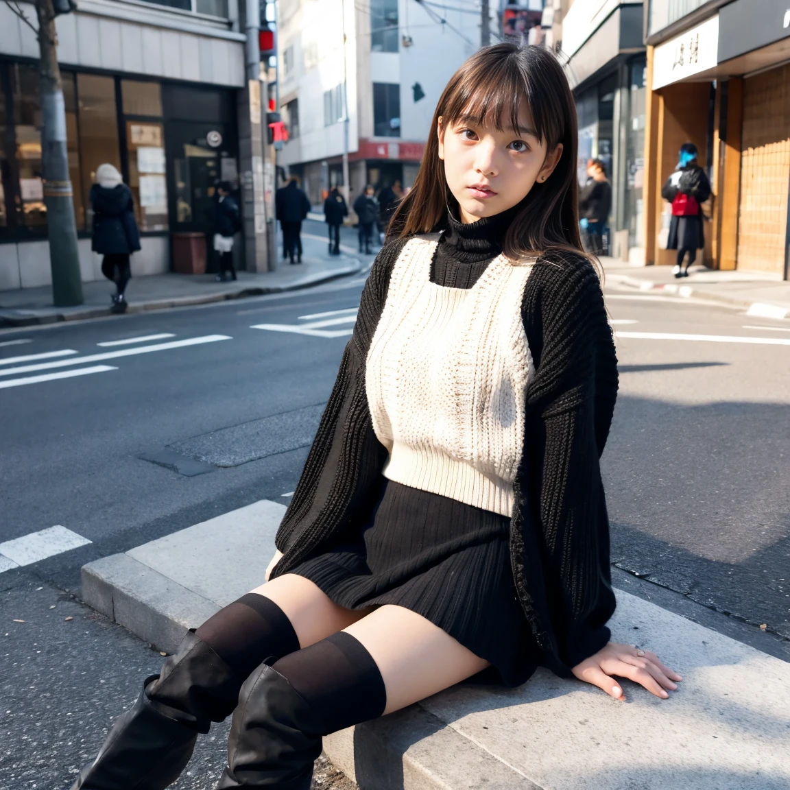 Beautiful girl wearing a down jacket、japanes、15yo student、In the street、serious facial expression、Knitted skirt、black knit tights、Mouton Boots、White inner、