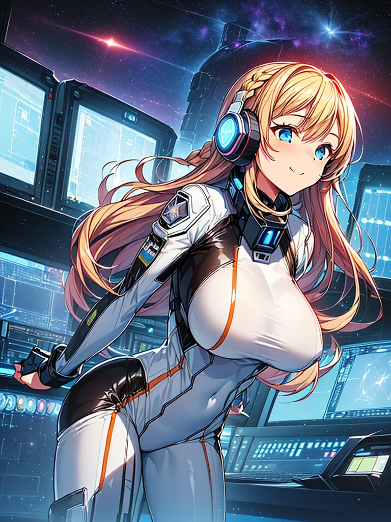 ​masterpiece:1.4, 1girl in ((20yr old, Wearing a tight, futuristic metallic white bodysuit,long boots, huge-breasted, blonde  hair, long,Braided hair,marguerite&#39;Hairstyles, Perfect model body, Blue eyes:1.4, Wearing headphones, Flirting, Happy,  Looking out the window of the futuristic sci-fi space station、While admiring the beautiful galaxy:1.2, SFSF control room on night background:1.1, Neon and energetic atmosphere:1.2)) ((Galaxy)) ((Solo:1.6))