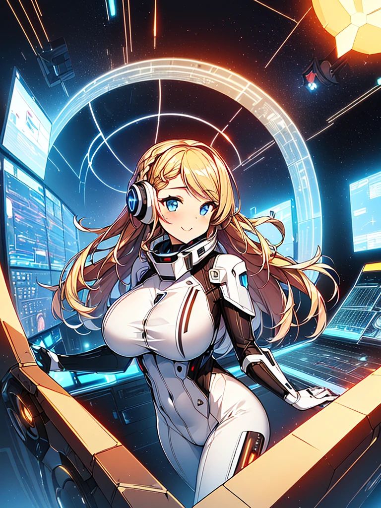 ​masterpiece:1.4, 1girl in ((20yr old, Wearing a tight, futuristic metallic white bodysuit,long boots, huge-breasted, blonde  hair, long,Braided hair,marguerite&#39;Hairstyles, Perfect model body, Blue eyes:1.4, Wearing headphones, Flirting, Happy,  Looking out the window of the futuristic sci-fi space station、While admiring the beautiful galaxy:1.2, SFSF control room on night background:1.1, Neon and energetic atmosphere:1.2)) ((Galaxy)) ((Solo:1.6))