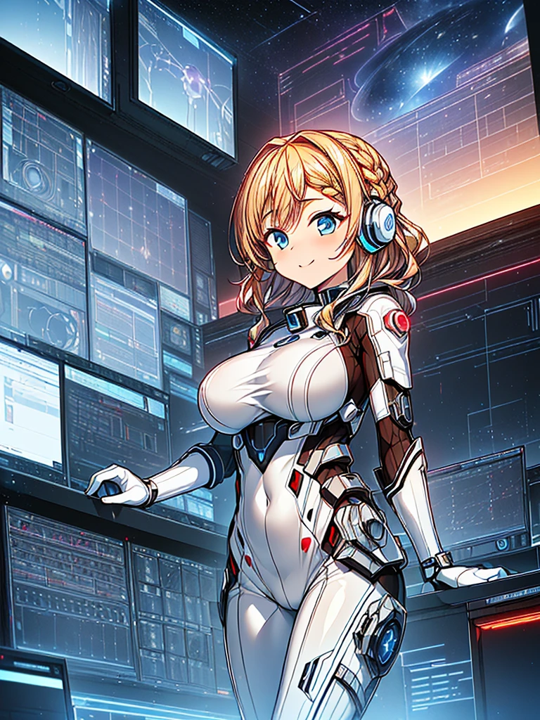 ​masterpiece:1.4, 1girl in ((20yr old, Wearing a tight, futuristic metallic white bodysuit,long boots, huge-breasted, blonde  hair, long,Braided hair,marguerite&#39;Hairstyles, Perfect model body, Blue eyes:1.4, Wearing headphones, Flirting, Happy,  Looking out the window of the futuristic sci-fi space station、While admiring the beautiful galaxy:1.2, SFSF control room on night background:1.1, Neon and energetic atmosphere:1.2)) ((Galaxy)) ((Solo:1.6))