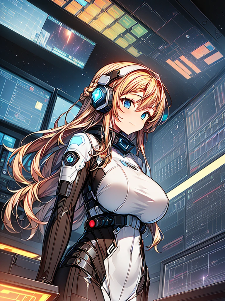 ​masterpiece:1.4, 1girl in ((20yr old, Wearing a tight, futuristic metallic white bodysuit,long boots, huge-breasted, blonde  hair, long,Braided hair,marguerite&#39;Hairstyles, Perfect model body, Blue eyes:1.4, Wearing headphones, Flirting, Happy,  Looking out the window of the futuristic sci-fi space station、While admiring the beautiful galaxy:1.2, SFSF control room on night background:1.1, Neon and energetic atmosphere:1.2)) ((Galaxy)) ((Solo:1.6))