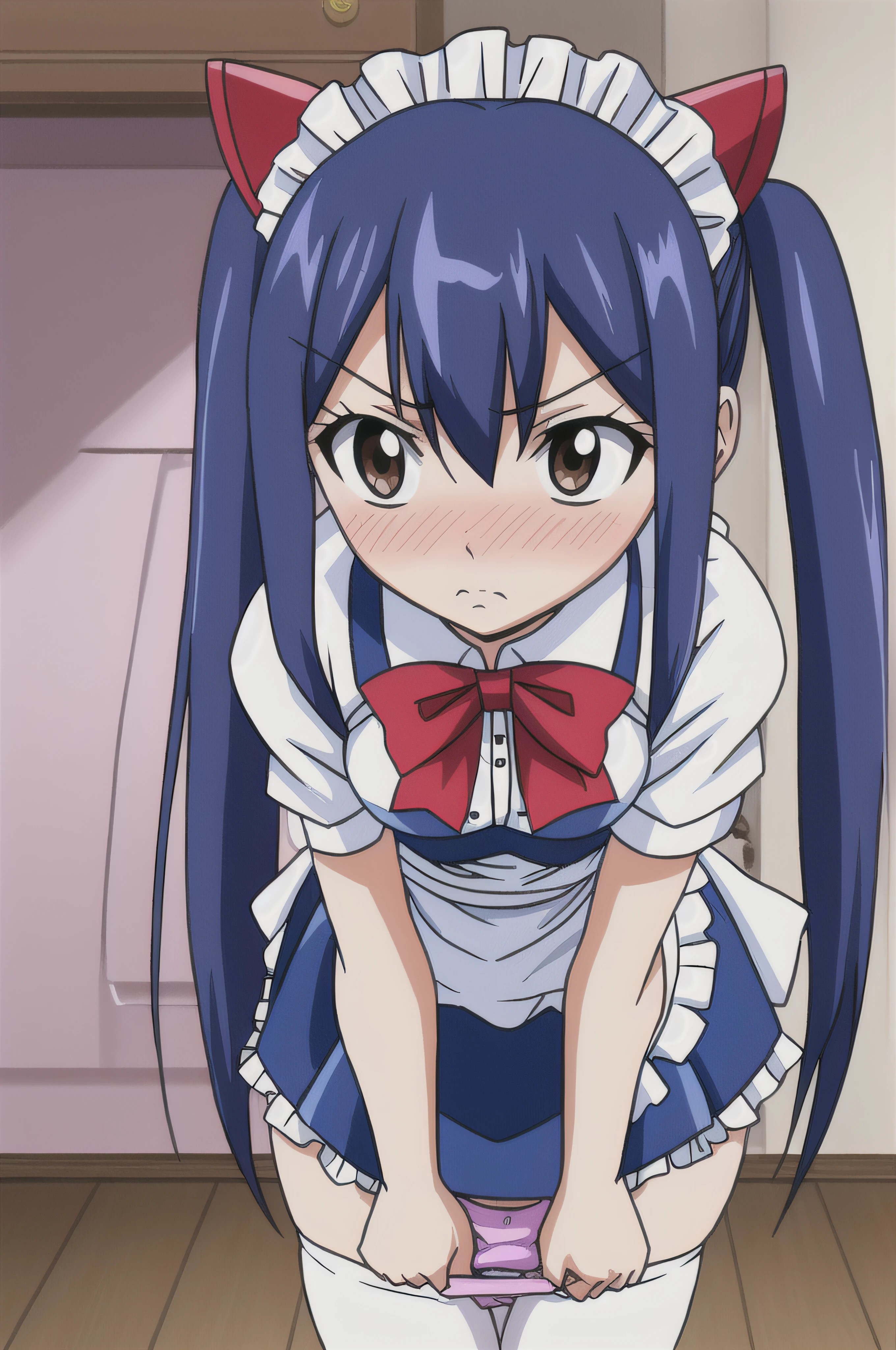 (((wendy))), fairy tail, anime art style, 1girl, solo, small_breasts, dressed, long_hair, (((looking away))), shy, (taking off panties, panties at knees, panty pull, face closeup), embarrassed, maid outfit, hair_ornament, blushing, hair_between_eyes, twintails, brown_eyes, ((dark_blue_hair)), parody, style_parody, anime_coloring, short female, ite female, thick thighs, loli, maid headwear, thick thighs, thigh highs, bowtie on panties, bending over, facing viewer, standing, pov