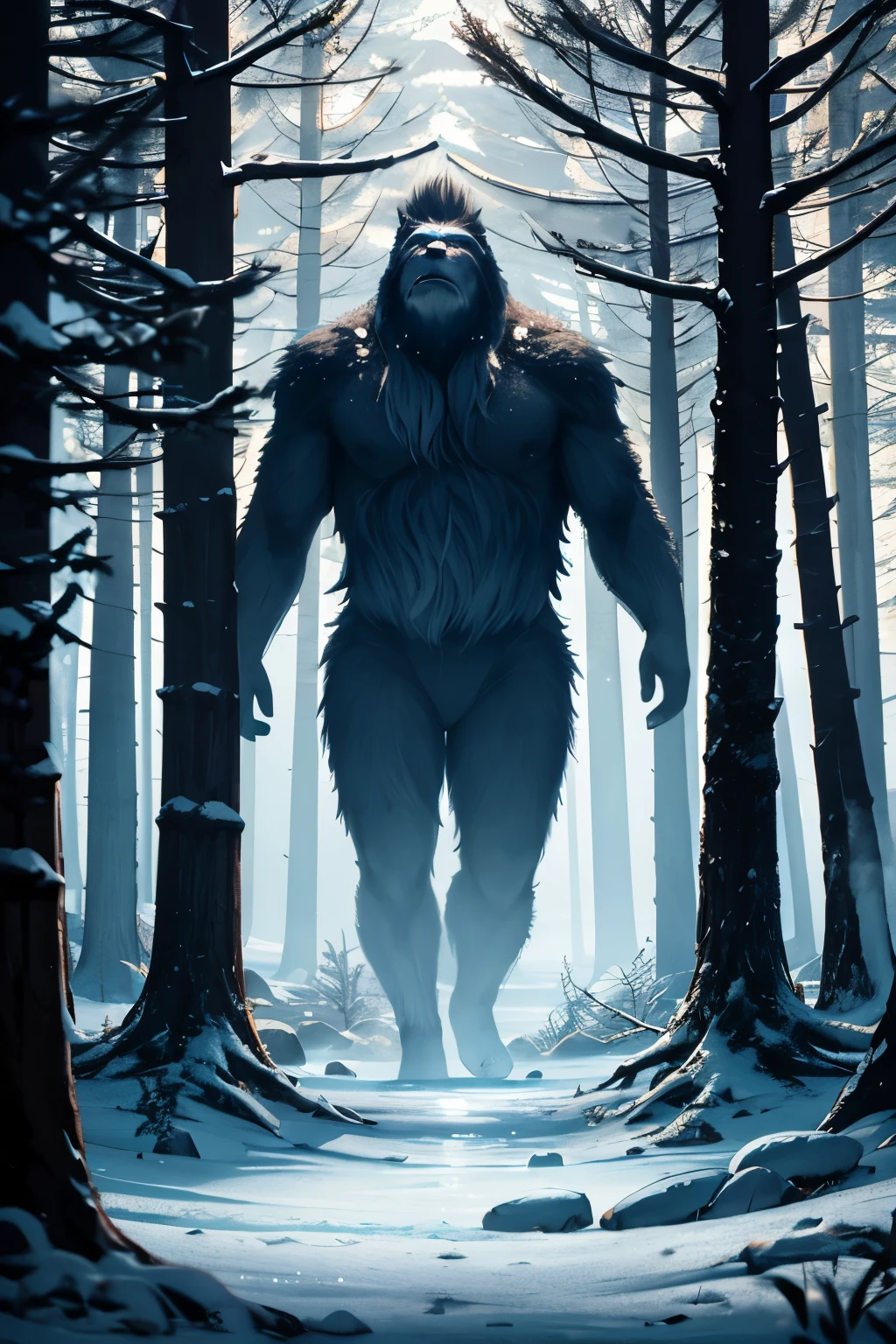 the mystery of Frozen Sasquatch, rime , deep forest, 8k, best quality, god ray, Tyndall effect, particles, cinematic lighting, bokeh, depth of field, dreamy, fantasy