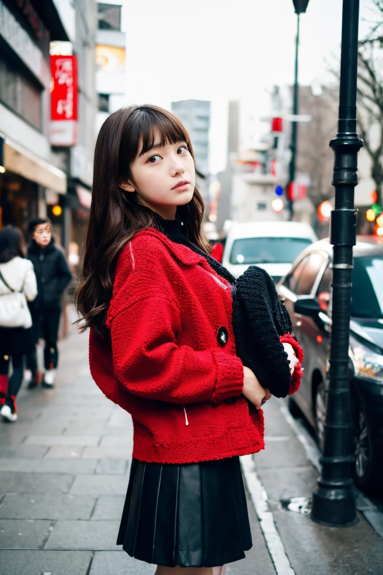 Beautiful girl wearing a red down jacket、japanes、sixteen years old、In the street、serious facial expression、Knitted skirt、black knit tights、Mouton Boots、White inner、