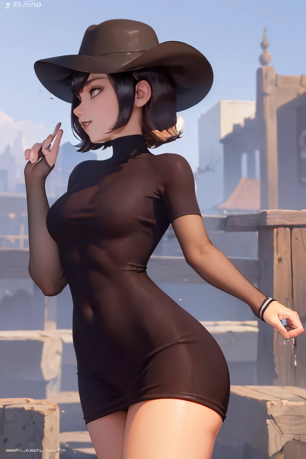 (Obra maestra, La mejor calidad:1.2), Disparo de vaquero, solamente, 1girl, mavis dracula, sentada, Mirando al espectador, vestido negro, muslos rayados