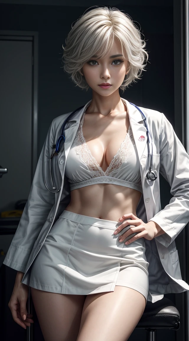 Photorealistic handsome doctor、Stunningly beautiful、White doctor&#39;s coat, Doctor Fashion、(topquality、8K、12)、tmasterpiece、、超High Resolution,(photorealestic:1.4),RAW photography, Detailed Face,,beautiful short white hair, ((Dr. Style)), , tight skirts、 natural makeup,  medium full breasts、Inside the hospital, Detailed background, perfect  lighting, Depth of field, Stethoscope , (((body complet))), capturing the full body, body complet, legs wide spread, exposed legs, Eyes on camera, eye details, Beautiful eyes,