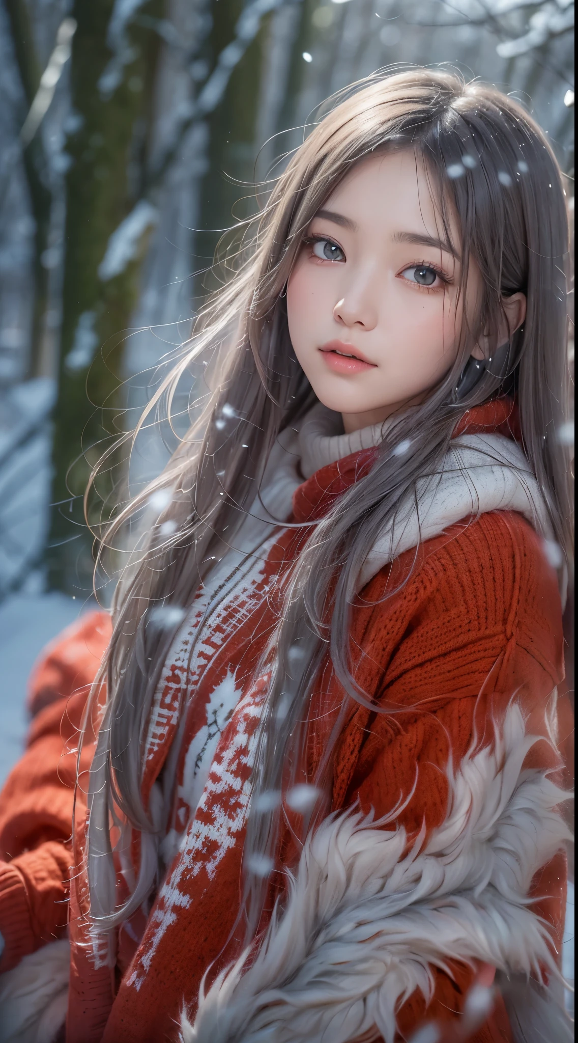 in the snowy forest, japanese college girl, red Winter knitted sweater, thick red rips, pupils sparkling, silver long hair, depth of field, f/1.8, anatomically correct, textured skin, super detail, high details, high quality, super detail, high details, high quality, best quality, highres