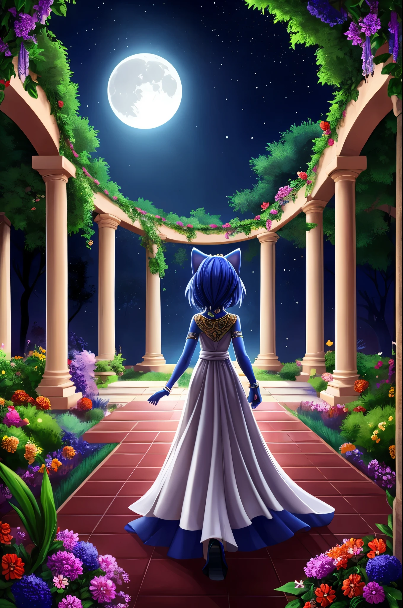 Krystal The Fox, Beautiful, Jewelry, White Dress, Long Dress, Night, Stars, Looking at Viewer, walking, 2D illustration. A Background of a Roman pillars of a garden and flowery and colorful background arches with colorful gardens and trees. romanticism, moody, stars, moon, trellis, lattice, garden,