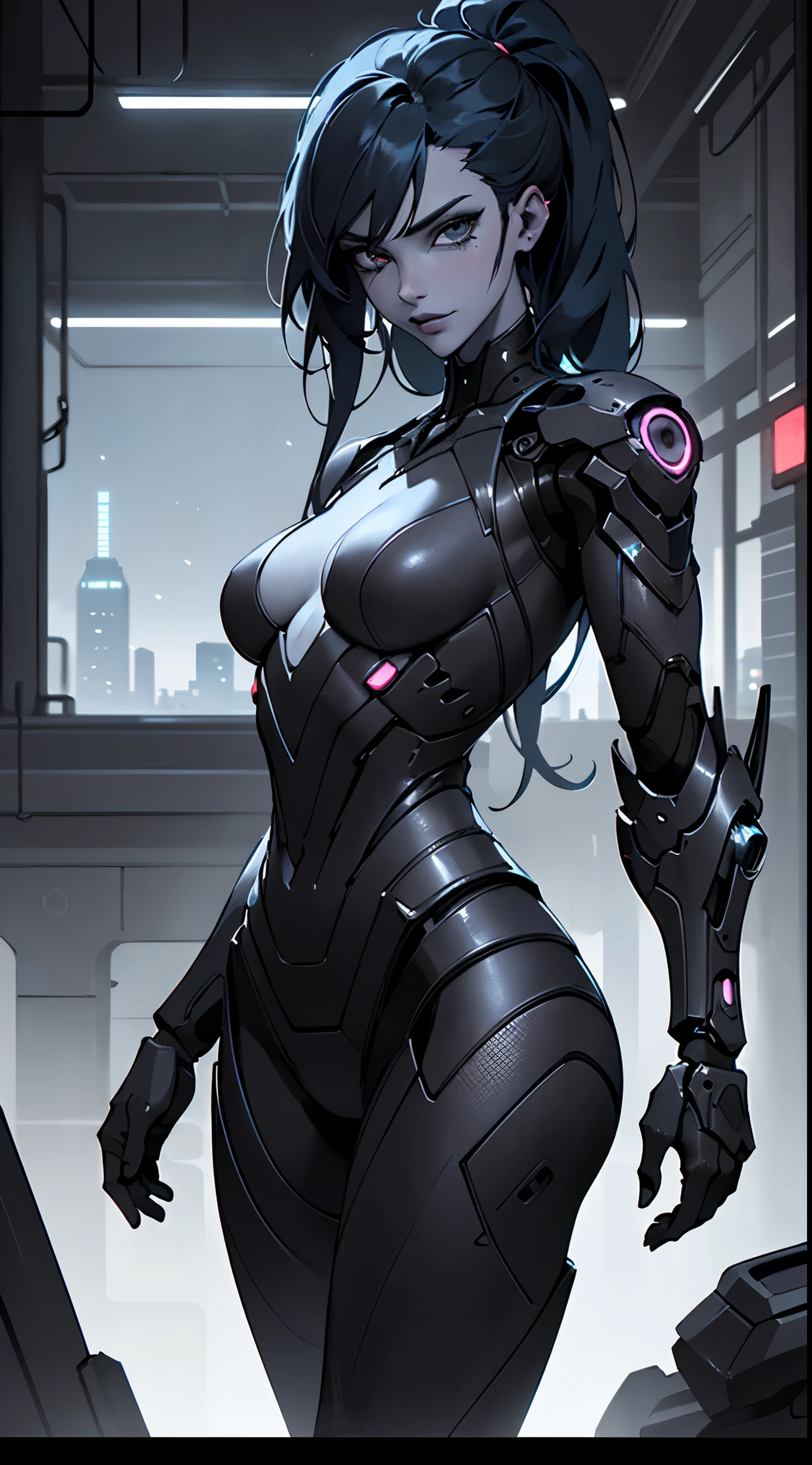 , arte de anime cyberpunk, girl in mecha cyber armor, Perfecto anime cyborg mujer,(desde un lado:1.2),Shy expression,Mano en el cabello,disfraz de cyborg detallado, fondo,fondo blanco,Estilo de esquema,comiс style,Estilo manga,tinta,blanco y negro,(Vibrante, Foto realista, realista, dramatic, oscuro, foco nítido, 8k),,motor irreal:1.4,UHD,La mejor calidad:1.4, fotorrealista:1.4, textura de la piel:1.4, obra maestra:1.8,obra-prima, mejor calidad,（Beautiful and detailed eye description:1.4）,(fondo ciudad Tokio cyberpunkAI apocalyptic colors:1.4),(piel real: 1.3),