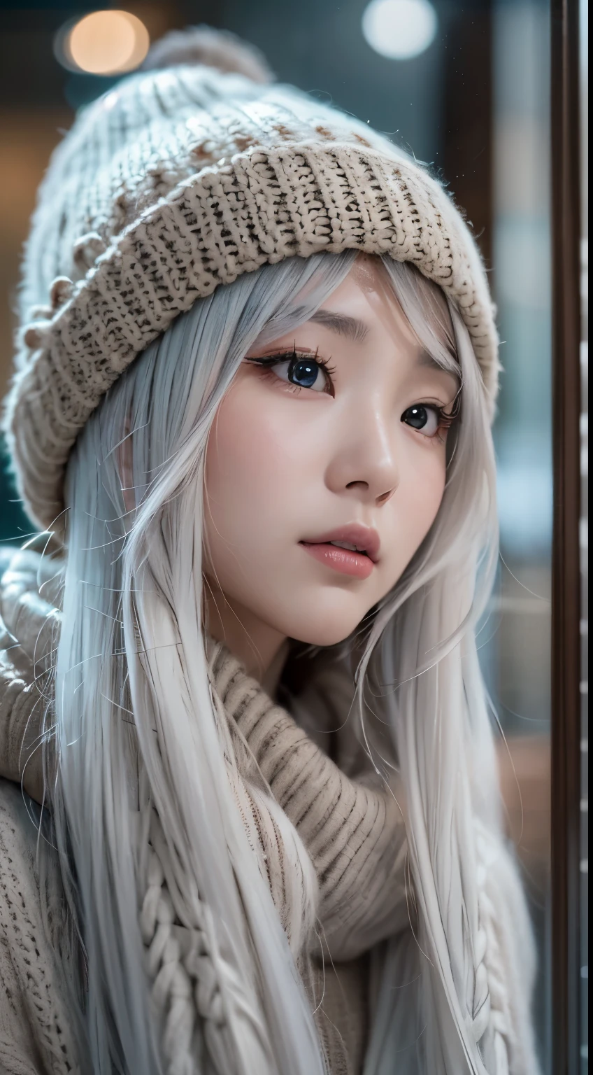 stand in front of the Christmas show window, japanese woman, Winter fashion, knit hat, pupils sparkling, silver long hair, depth of field, f/1.8, anatomically correct, textured skin, super detail, high details, high quality, super detail, high details, high quality, best quality, highres