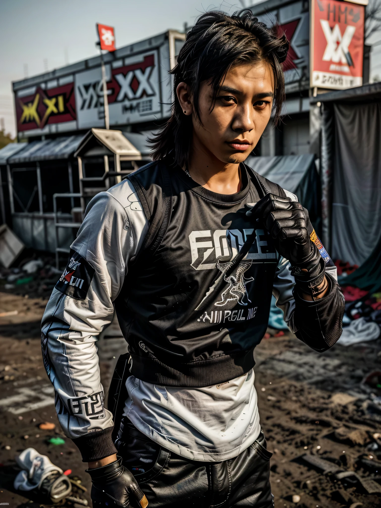 Best Quality,hight resolution:1.2) an young asian male rapper with a short mullet, Fox Motocross gloves, Fox Motocross pants, mx boots, ripped longsleeves shirt, bulletproof vest, in the style war aesthetics, post war, post-apocalyptic world, photorealistic, sharp focus, raw photo,(photoshoot style), ,