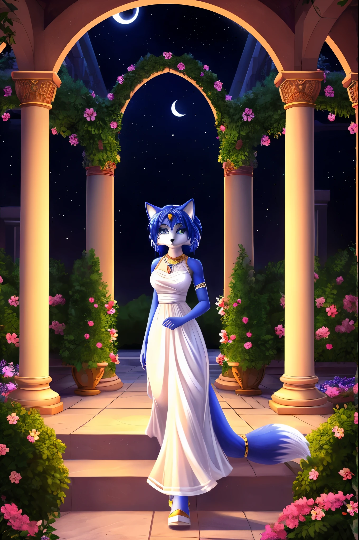 Krystal The Fox, Blue Fox, Beautiful, Jewelry, White Dress, Long Dress, Night, Stars, Looking at Viewer, walking, 2D illustration. A Background of a Roman pillars of a garden and flowery and colorful background arches with colorful gardens and trees. romanticism, moody, stars, moon, trellis, lattice, garden,