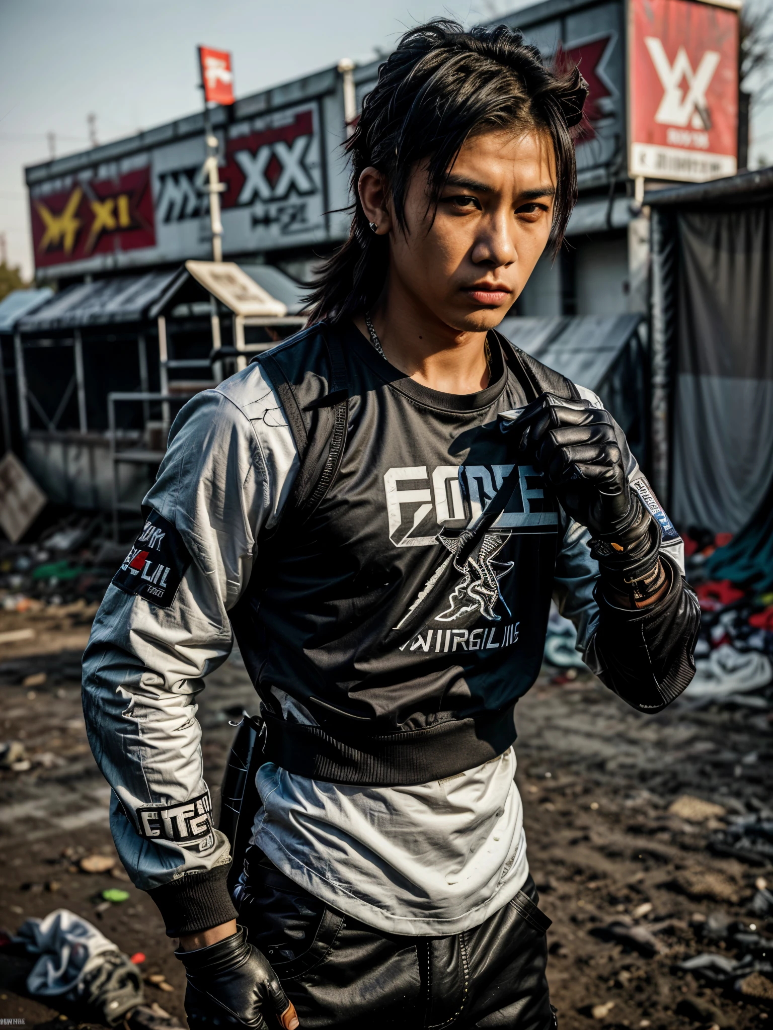 Best Quality,hight resolution:1.2) an young asian male rapper with a short mullet, Fox Motocross gloves, Fox Motocross pants, mx boots, ripped longsleeves shirt, bulletproof vest, in the style war aesthetics, post war, post-apocalyptic world, photorealistic, sharp focus, raw photo,(photoshoot style), ,