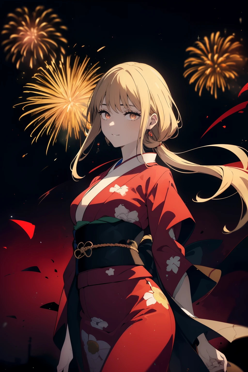 ((Obra maestra, La mejor calidad, ultrahigh resolution)), (((a girl a kimono, ash _blonde:1))), long hair cut, pale skin, ((brown eyes)), glowing_eyes, neon eyes, ((ultra detailed eyes:0.7, beautiful and detailed face, detailed eyes:0.9)), ((centered)), ((cute smile, pretty)), facing viewer, eye level, ((vibrant firework display in the night sky background)), flat chested, looking at viewer, ((half closed eyes)), ((perfect hands)), (((head:1, arms, hips, elbows, in view))), ((hands behind back)), empty eyes, beautiful lighting, outside, outdoors, background, defined subject, 18 years old, (head tilt)