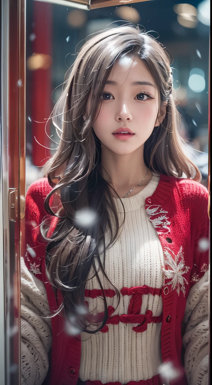 stand in front of the Christmas show window, japanese woman, red sweater, snowing,pupils sparkling, silver long hair, depth of field, f/1.8, anatomically correct, textured skin, super detail, high details, high quality, super detail, high details, high quality, best quality, highres