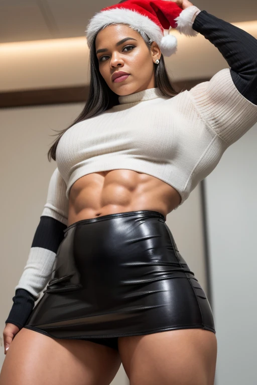 A heavily muscled iffb pro bodybuilder Tiffany Amber-Thiessen , wearing a corset halter crop top, oil glossy compression pants shiny stretchy sports tights.