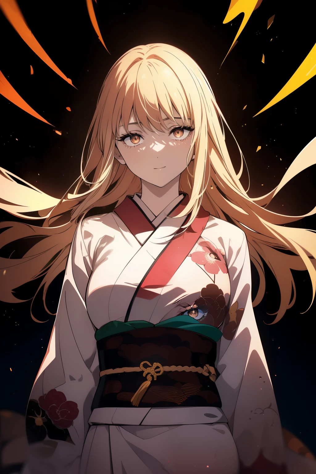 ((Obra maestra, La mejor calidad, ultrahigh resolution)), (((a girl a kimono, ash _blonde:1))), long hair cut, pale skin, ((brown eyes)), glowing_eyes, neon eyes, ((ultra detailed eyes:0.7, beautiful and detailed face, detailed eyes:0.9)), ((centered)), ((cute smile, pretty)), facing viewer, eye level, ((vibrant firework display in the night sky background)), flat chested, (looking at viewer), ((half closed eyes)), ((perfect hands)), (((head:1, arms, hips, elbows, in view))), ((hands behind back)), empty eyes, beautiful lighting, outside, outdoors, background, defined subject, 18 years old, (head tilt)