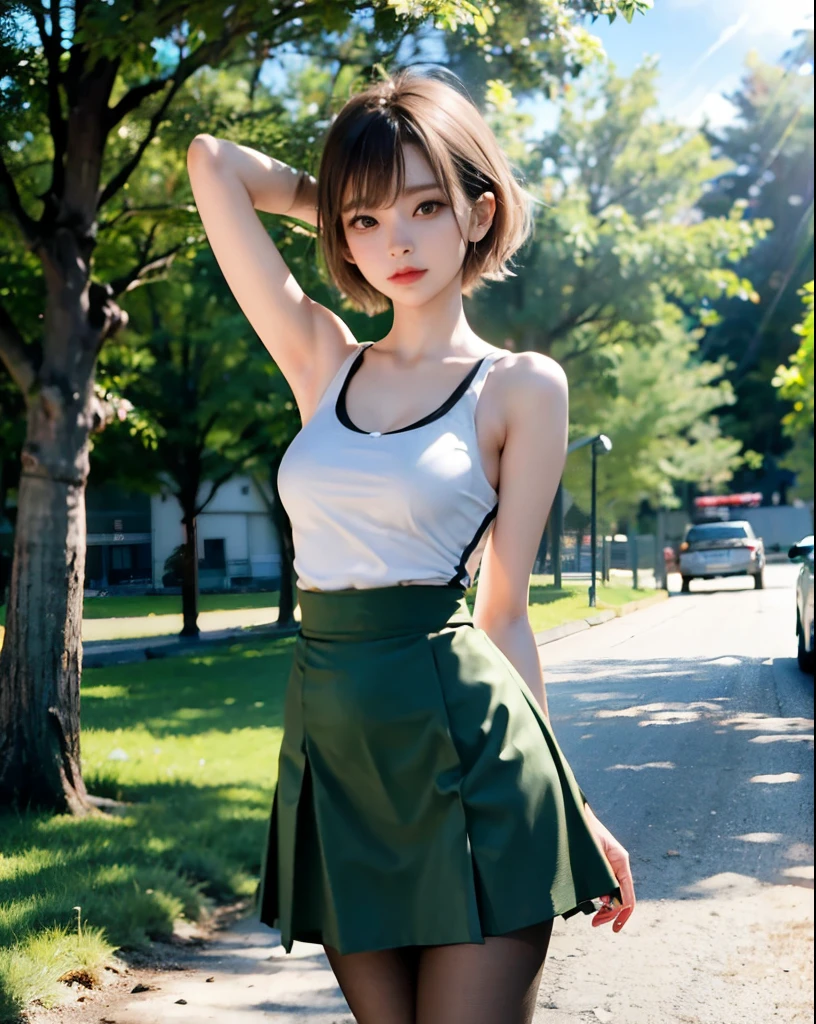 (8k, RAW photo, best quality, masterpiece:1.3), (realistic, photo-realistic:1.3), 1girl, (cute:1.3), (small breasts:1.3), (sunlight), (sunshine), shade, (looking at the viewer:1.3), short hair, (earring), closed mouth, ulzzang-6500-v1.1:0.5 green Wool skirt