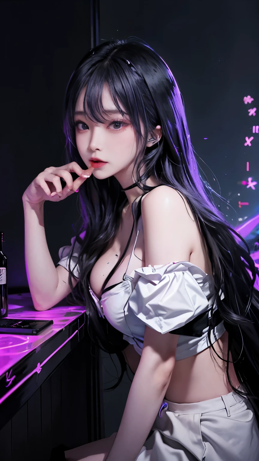 Mine makeup girl、Hotel、Black straight long hair、Glowing neon lights、ガールズBar clerk、Bar clerk、provide alcohol、Neon and uv black light store interior、cyber 、White T-shirt that glows under black light、large full breasts、Large cleavage、Hot pants in satin fabric、A store that looks like a spaceship、Liquor bottle reflecting light、Western liquor bottles on a shelf with a faint reflection、drinking cocktail、female brat smile girl
