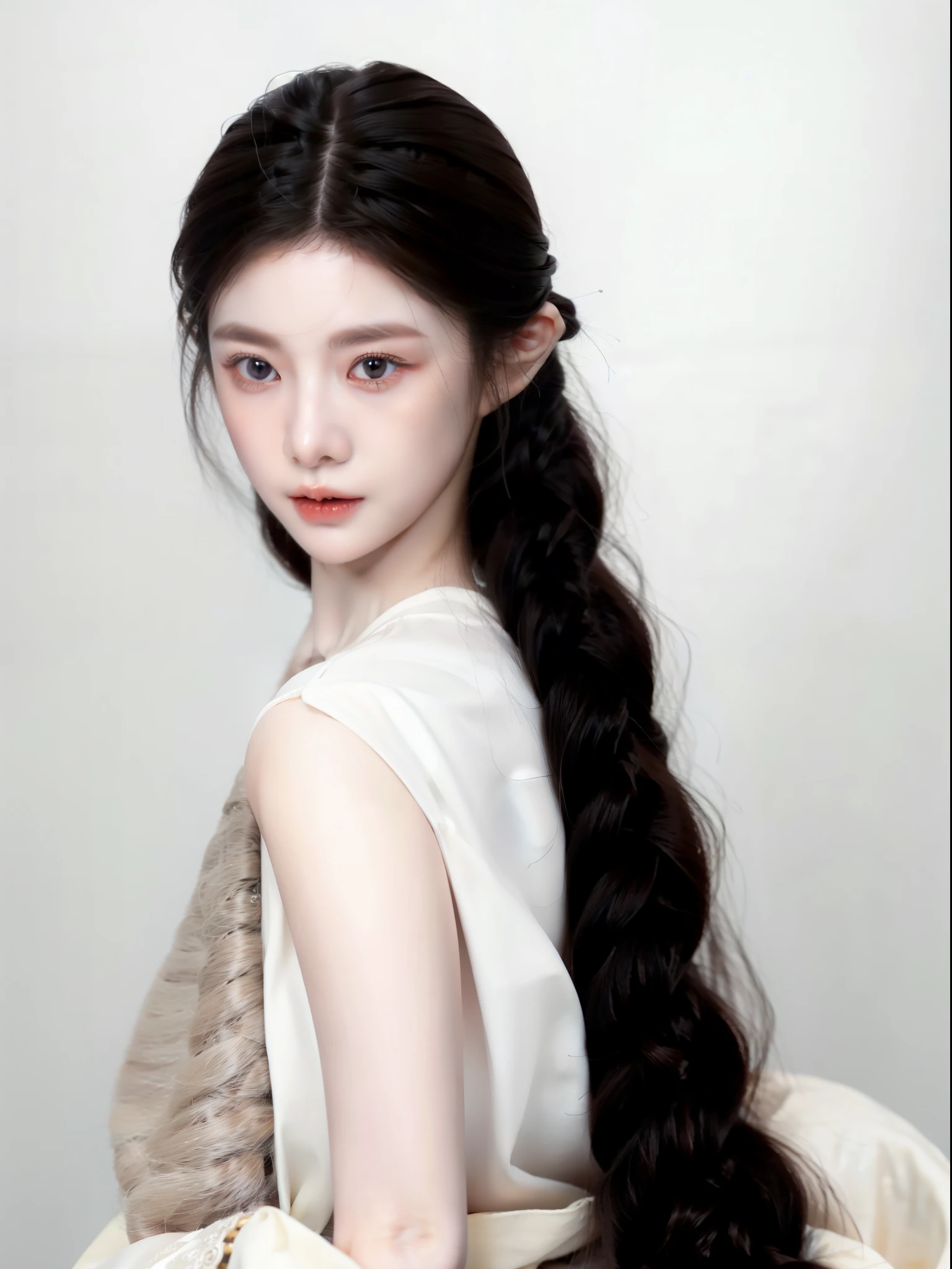 a close up of a woman with long hair wearing a scarf, Pale porcelain white skin, Elf long braided brown hair, Art dolls, porcelain white skin, ball jointed doll, Pointed face and gray eyes, large eyes and flowing long hair, Pale young ghost girl, pale skin and dark eyes, side up, fair skin, Just a doll in the sky