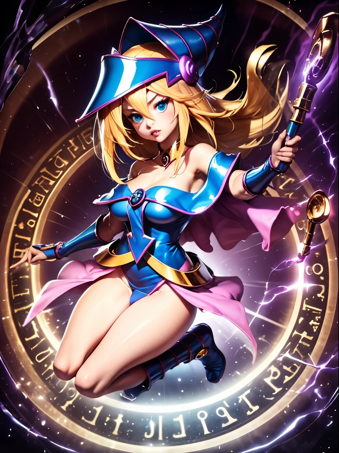 ultra-detailed, extremely detailed, masterpiece, highest quality, best quality, absurdres, highres, dark magician girl, (1girl:1.2), solo, detailed face, dynamic pose, hair flow, (full body:1.1),  blonde hair, long hair, looking at viewer, green eyes, skindentation, detailed skin, skin pores, (shiny skin, glossy skin:1.1), rosy skin details, breasts, nail polish, skirt, blue footwear, blue headwear, wizard hat, wand, holding hat, (blue panties:0.9), (summoning circle:1.1), hexagram, pentacle, pentagram, yu-gi-oh!, duel monster, purple magic field, glow, detailed background, intricate background,