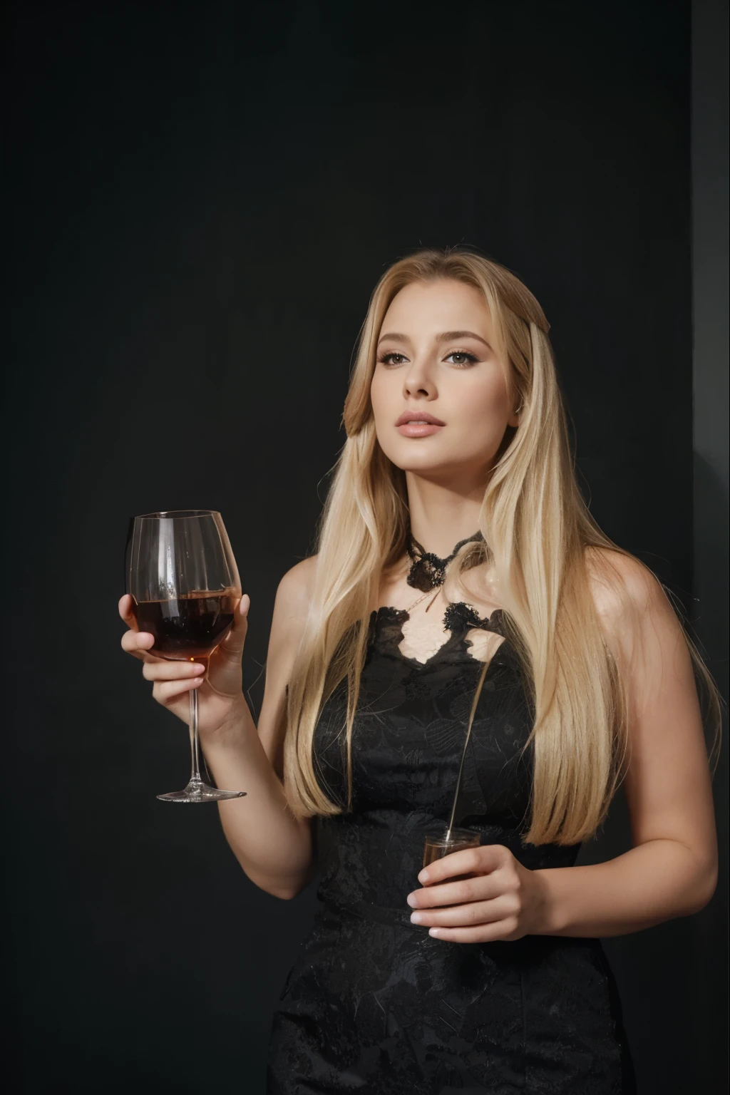Anna semenovich long straight blonde hair with curves wearing a black dress