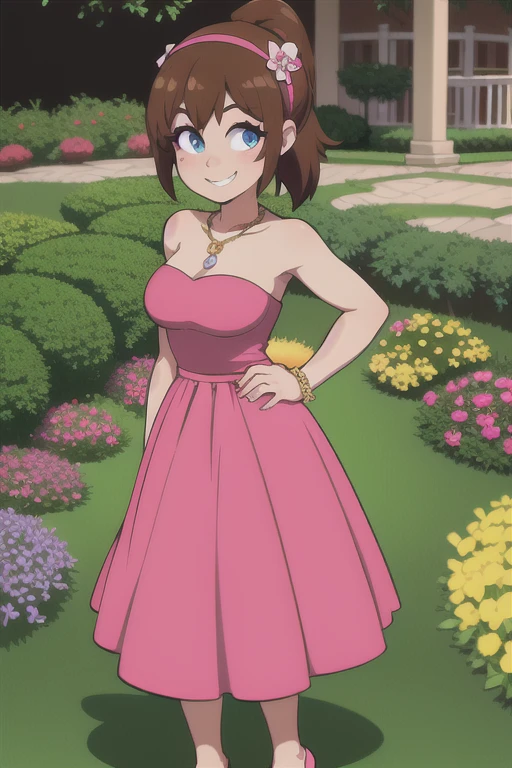 Best lighting, brown hair, medium hair, ponytail, pink Hairband, blue eyes, bare arms, pink maxi dress, little pink dress, golden necklace, pink slipper, smile, cowboy shot, standing, garden, gazebo, beautiful, best quality,