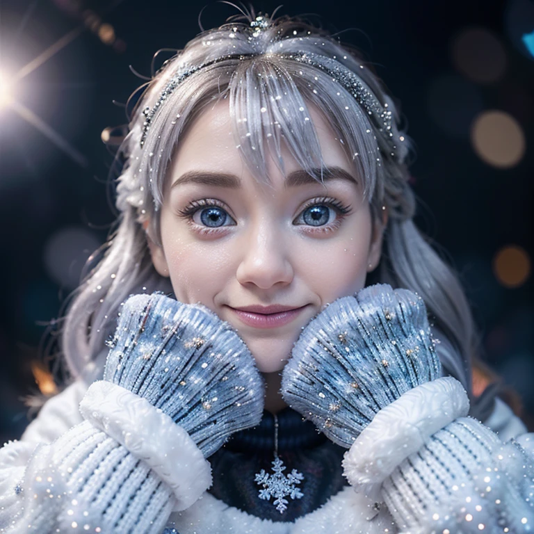 New Year's magical 🪄 mood, tiny realistic Olaf (Pixar's 'Frozen' character)held in fluffy knitted mittens, sparkles, snowflakes, close-up, bright rich saturated colors, drawing details, depth of field, diamond glitter ✨, 300dpi, CGI, silver threads, digital painting, 72k, large realistic eyes