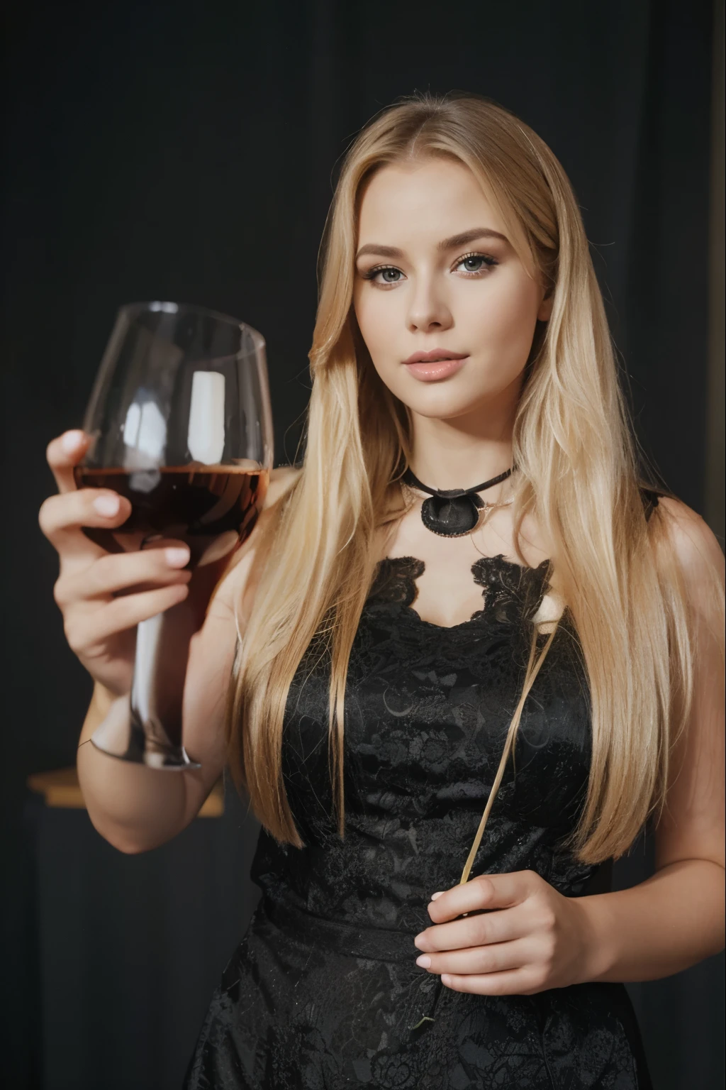 Anna semenovich long straight blonde hair with curves wearing a black dress