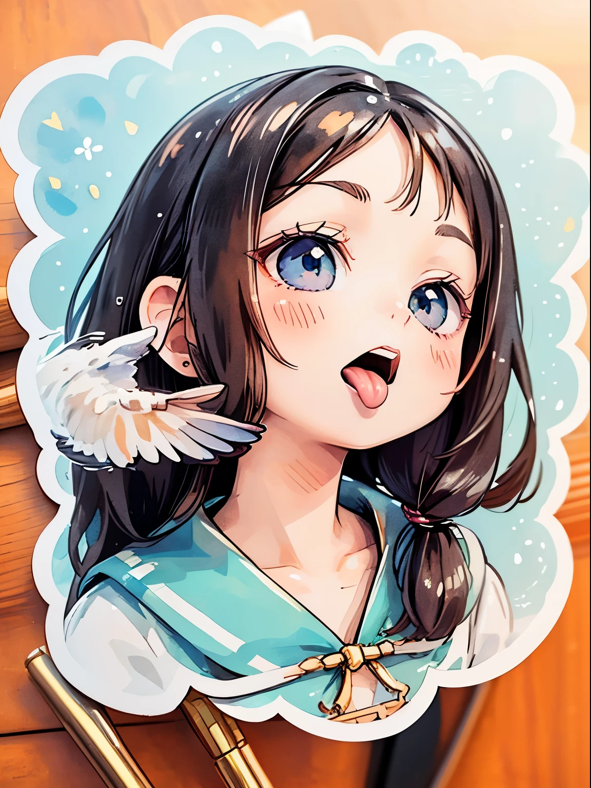 animesque、((a sticker))、Close-up of the mouth、1beautiful girl、19、(((Mainly depicting the mouth、super close up of mouth、tongue、long tongue、sticking out the tongue、Show the inside of the mouth、Open your mouth wide and show me your throat)))、angelicales、teak、lip stick、huge tit、dynamicposes、simple background、