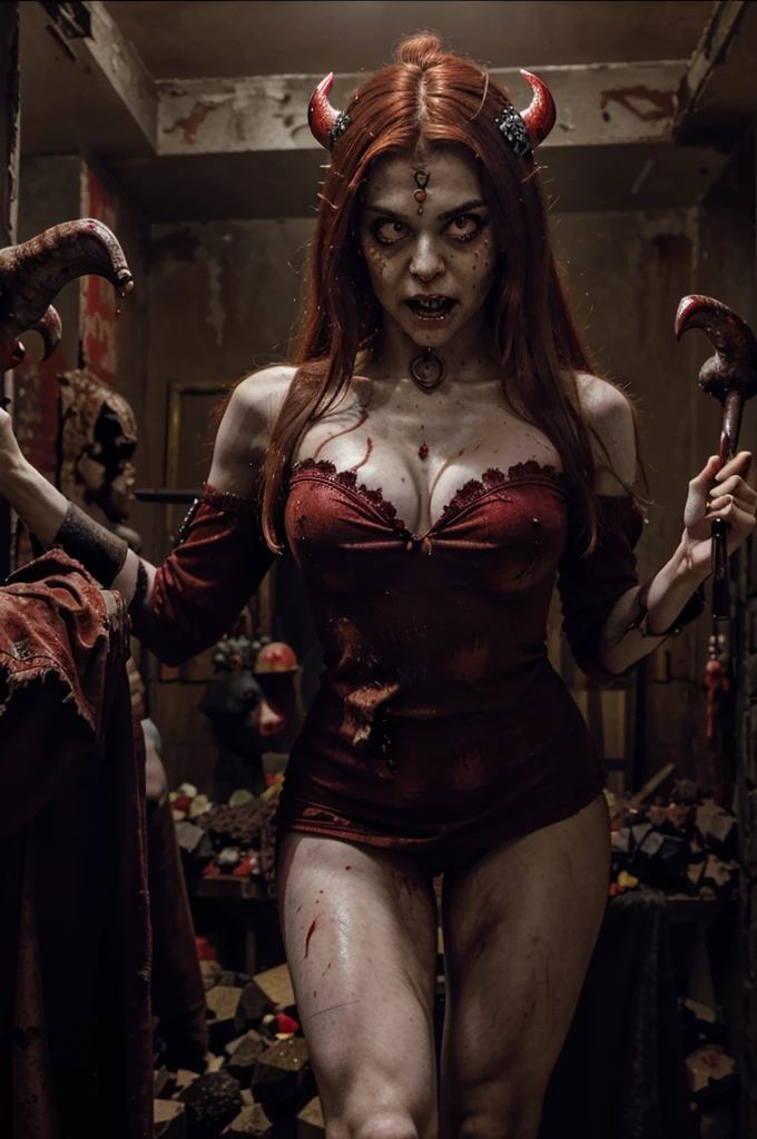 1 woman, (((red eyes, red pupil))), (pale red hair), dressed in a demon-inspired costume, wearing a red tinsel minidress, fire ornament, adorned with bone skull ornaments, flashing lights red, complemented by red decorations, ((zombie demon)), ((zombie demon woman)), ((medium shot of a zombified demon woman)), ((horror movie)), ((aristocratic aesthetic)), ( (ultra detailed,)) ((photorealistic)), masterpiece, ultra pale skin, ((blood everywhere on body)), ((torn clothes)), ((torn body)), ((open mouth dripping blood )), ((staff in hands)), ((holding a staff)), ((A very scary zombie demon queen, Final form as a complete demon, The devil's masterpiece, Zombie demon king, The most worthy demon ,Complex and majestic demon figure.,The most majestic figure of the devil.,The most intricate representation of the devil.,Intricate reproduction of perfect demonic details.),Giant devil wings, a lot of blood on the face.