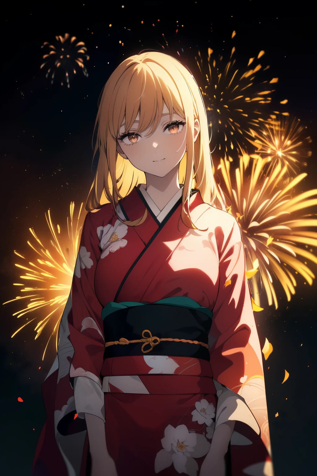 ((Obra maestra, La mejor calidad, ultrahigh resolution)), (((a girl a kimono, ash _blonde))), shoulder length hair, pale skin, ((brown eyes)), glowing_eyes, neon eyes, ((ultra detailed eyes:0.7, beautiful and detailed face, detailed eyes:0.9)), ((centered)), ((cute smile, pretty)), facing viewer, eye level, (((wide shot, vibrant firework display in the night sky background))), flat chested, (looking at viewer), ((half closed eyes)), ((perfect hands)), (((head:1, arms, hips, elbows, in view))), ((hands behind back)), empty eyes, beautiful lighting, outside, outdoors, background, defined subject, 18 years old, (head tilt),