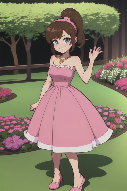 Best lighting, brown hair, medium hair, ponytail, pink Hairband, blue eyes, bare arms, pink maxi dress, little pink dress, golden necklace, pink slipper, smile, cowboy shot, standing, garden, gazebo, beautiful, best quality,