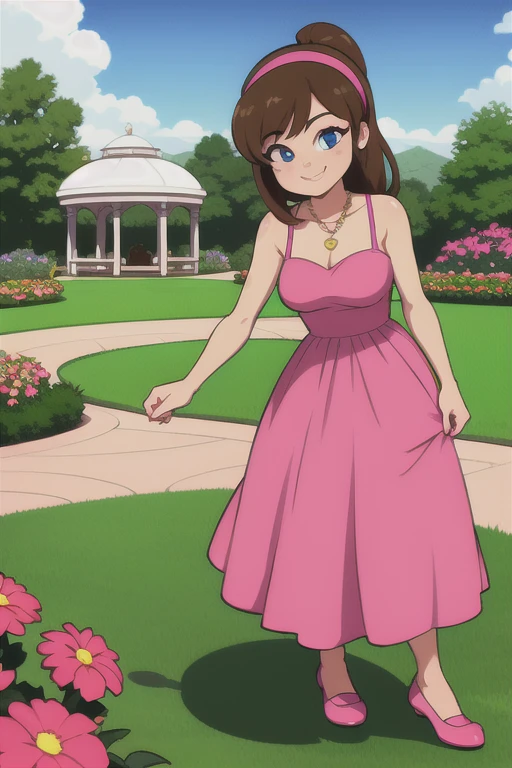 Best lighting, brown hair, medium hair, ponytail, pink Hairband, blue eyes, bare arms, pink maxi dress, little pink dress, golden necklace, pink slipper, smile, cowboy shot, standing, garden, gazebo, beautiful, best quality,