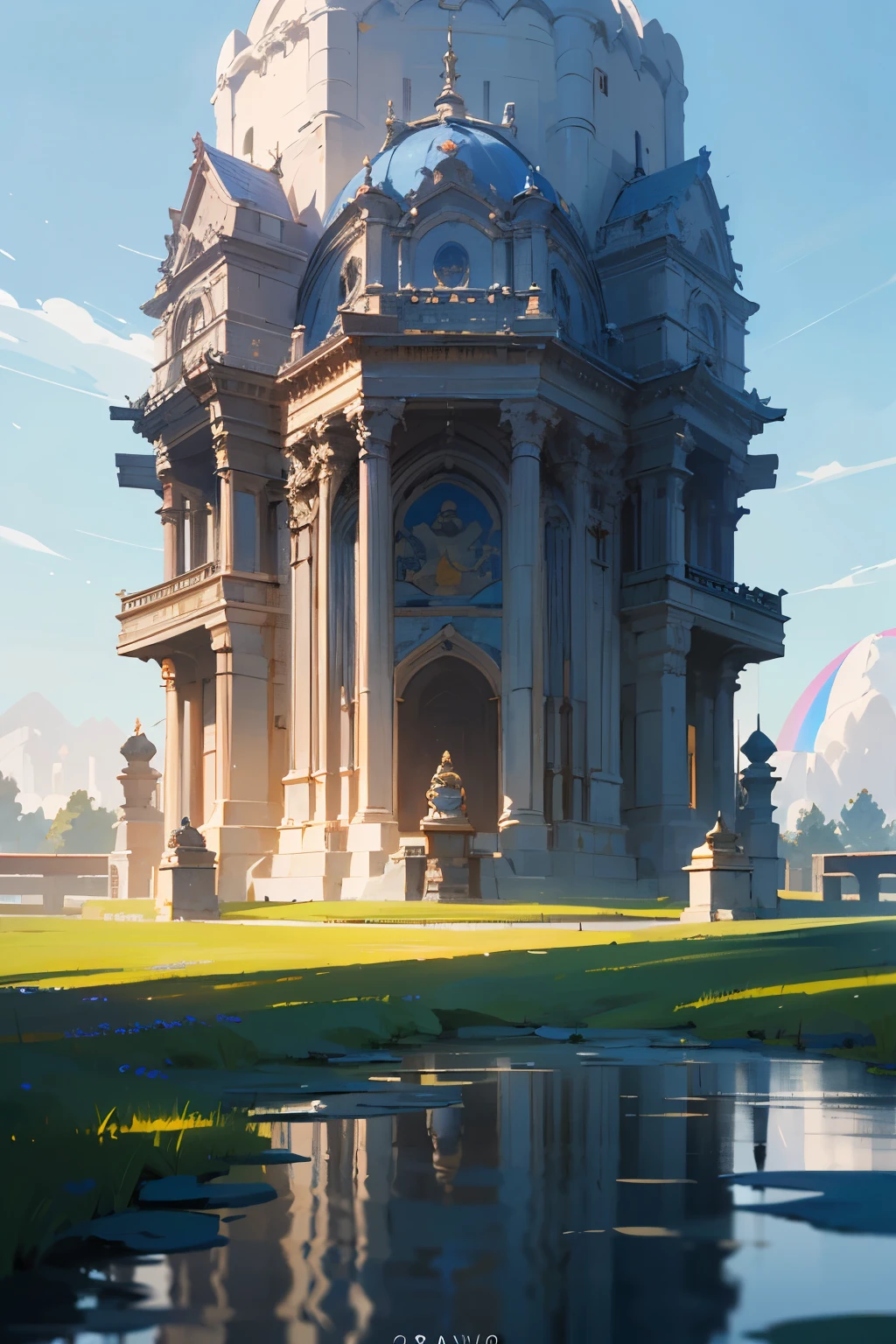 ((Best Quality)), ((Masterpiece)), (Detailed), a perfect face((Game architecture icon, Game icon)), (track, pond, Architecture in the national style, Peach blossoms, woods, rainbow, Crossing the sky, Rock wall, Beautiful), reasonable structure, HD, Game icon, perfect work, intricate design, Game model, awesome lighting, c4d, oc render, Lighting the edge of the film, Subtle light, Masterpiece, super detaill, epic composition, extra high resolution, hiquality, Highest Quality, 12)