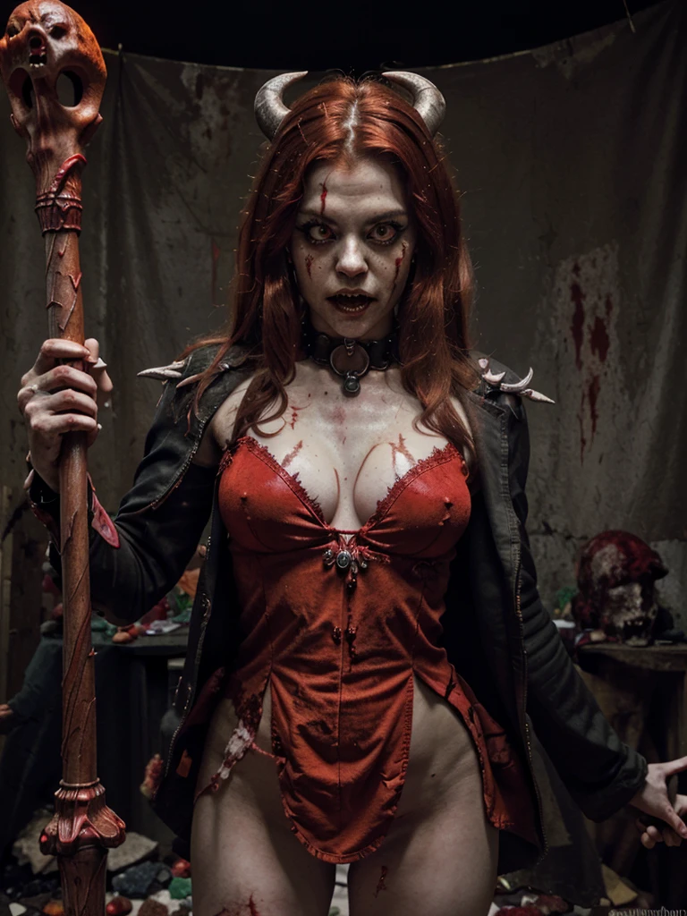 1 woman, (((red eyes, red pupil))), (pale red hair), dressed in a demon-inspired costume, wearing a red tinsel minidress, fire ornament, adorned with bone skull ornaments, flashing lights red, complemented by red decorations, ((zombie demon)), ((zombie demon woman)), ((medium shot of a zombified demon woman)), ((horror movie)), ((aristocratic aesthetic)), ( (ultra detailed,)) ((photorealistic)), masterpiece, ultra pale skin, ((blood everywhere on body)), ((torn clothes)), ((torn body)), ((open mouth dripping blood )), ((staff in hands)), ((holding a staff)), ((A very scary zombie demon queen, Final form as a complete demon, The devil's masterpiece, Zombie demon king, The most worthy demon ,Complex and majestic demon figure.,The most majestic figure of the devil.,The most intricate representation of the devil.,Intricate reproduction of perfect demonic details.),Giant devil wings, a lot of blood on the face.