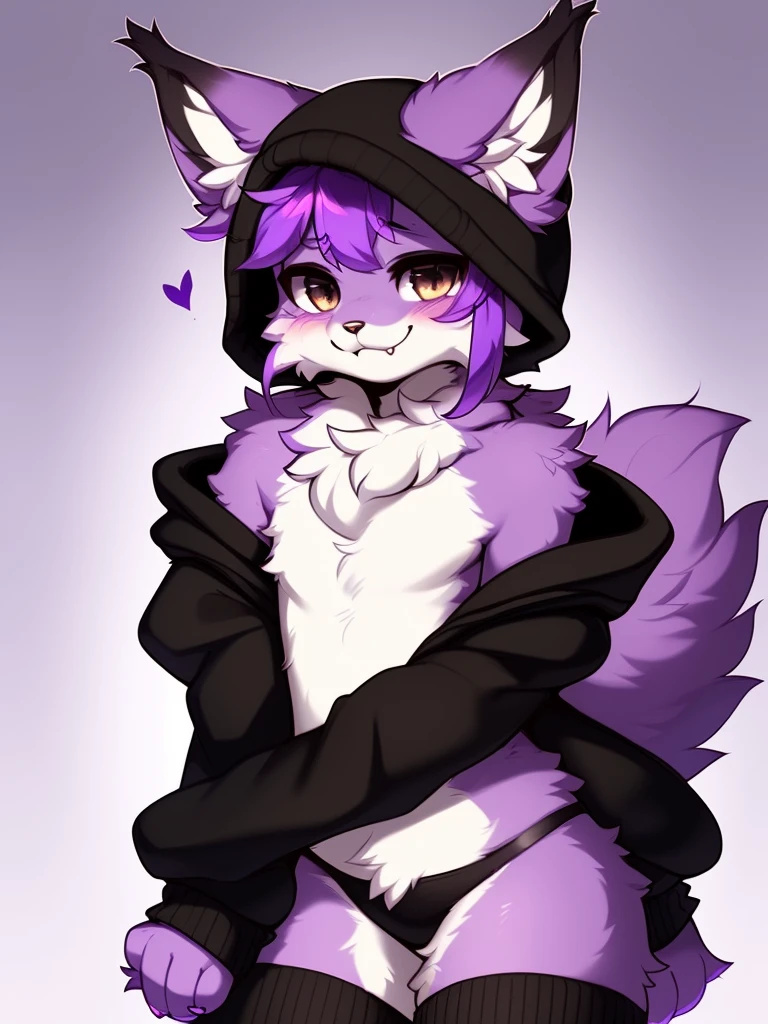 Furry male, eyeliner, eyelashes, (((black eyeshadow))), ((male focus)), lynx, (((purple fur))), (purple hair), furry, cute fangs, cute, medium hair, furry, anime style, fluff, fluffy, thuft, disheveled, realistic fur, detailed, detailed shadows, cheeks fluff, ((fullrender)), (((neck fluff))), <3 eyes, icon portrait, avatar icon, only face, smug face, ((super fluffy)), (upper body), one fang, ((shoulder fluff)), ((shoulder tuft)), ((hairy body)), (((fluffy body))), (((furry body))), thicc thighs, detailed hands, (by coffeesoda:1.1), by hioshiru, yiffy, by claweddrip, teasing face, ((bedroom background)), (((kemono))), black clothes, ((leg warmers)), ((arm warmers)), (((by kilver))), upper body, seductive pose, hoodie, double v pose, solo focus,