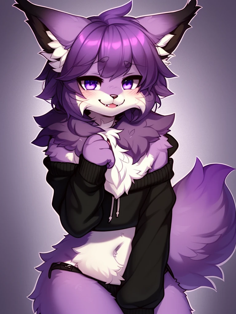 Furry male, eyeliner, eyelashes, (((black eyeshadow))), ((male focus)), lynx, (((purple fur))), (purple hair), furry, cute fangs, cute, medium hair, furry, anime style, fluff, fluffy, thuft, disheveled, realistic fur, detailed, detailed shadows, cheeks fluff, ((fullrender)), (((neck fluff))), <3 eyes, icon portrait, avatar icon, only face, smug face, ((super fluffy)), (upper body), one fang, ((shoulder fluff)), ((shoulder tuft)), ((hairy body)), (((fluffy body))), (((furry body))), thicc thighs, detailed hands, (by coffeesoda:1.1), by hioshiru, yiffy, by claweddrip, teasing face, ((bedroom background)), (((kemono))), black clothes, ((leg warmers)), ((arm warmers)), (((by kilver))), upper body, seductive pose, hoodie, double v pose, solo focus,