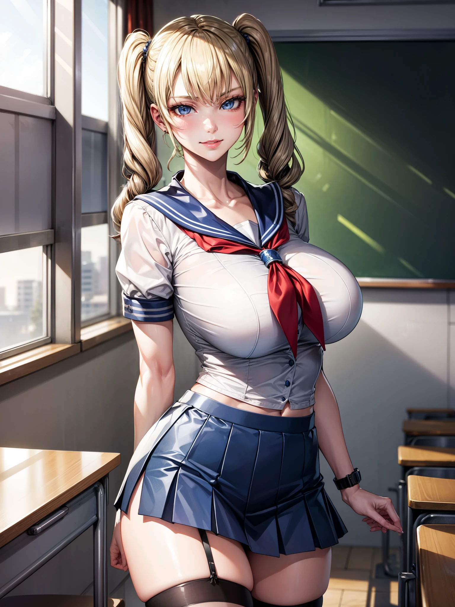 best quality, masterpiece, extremely detailed CG, extremely detailed 8K wallpaper, standing, HDR ,1girl, solo, indoors, in classroom, cowboy shot, solo, looking at viewer,, sailor uniform, blue collar, pleated navy blue skirt, long hair, blonde hair, twin tails, slight blush, blue eyes, smirking, intricate details, hyper detailed, Beautiful Fingers, Beautiful Nose, Beautiful character design, perfect eyes, perfect face, expressive eyes, straight hair, facing viewer, girl is smirking, confident, huge breasts, slim waist, short, school uniform, jk, sailor collar, white shirt, short sleeves, wide hips, short height girl, gigantic breasts, arms at side, blight black thigh highs, wearing a sci-fi white wristwatch