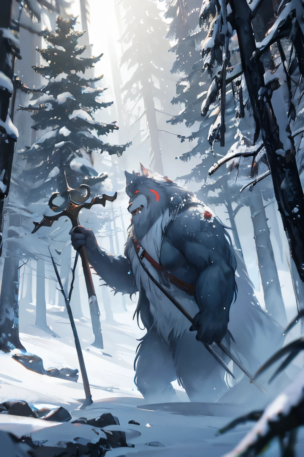 Frozen Sasquatch, legendary monster, snow symbol on chest, holding druid staff, rime , deep forest, 8k, best quality, god ray, Tyndall effect, particles, cinematic lighting, bokeh, depth of field, dreamy, fantasy