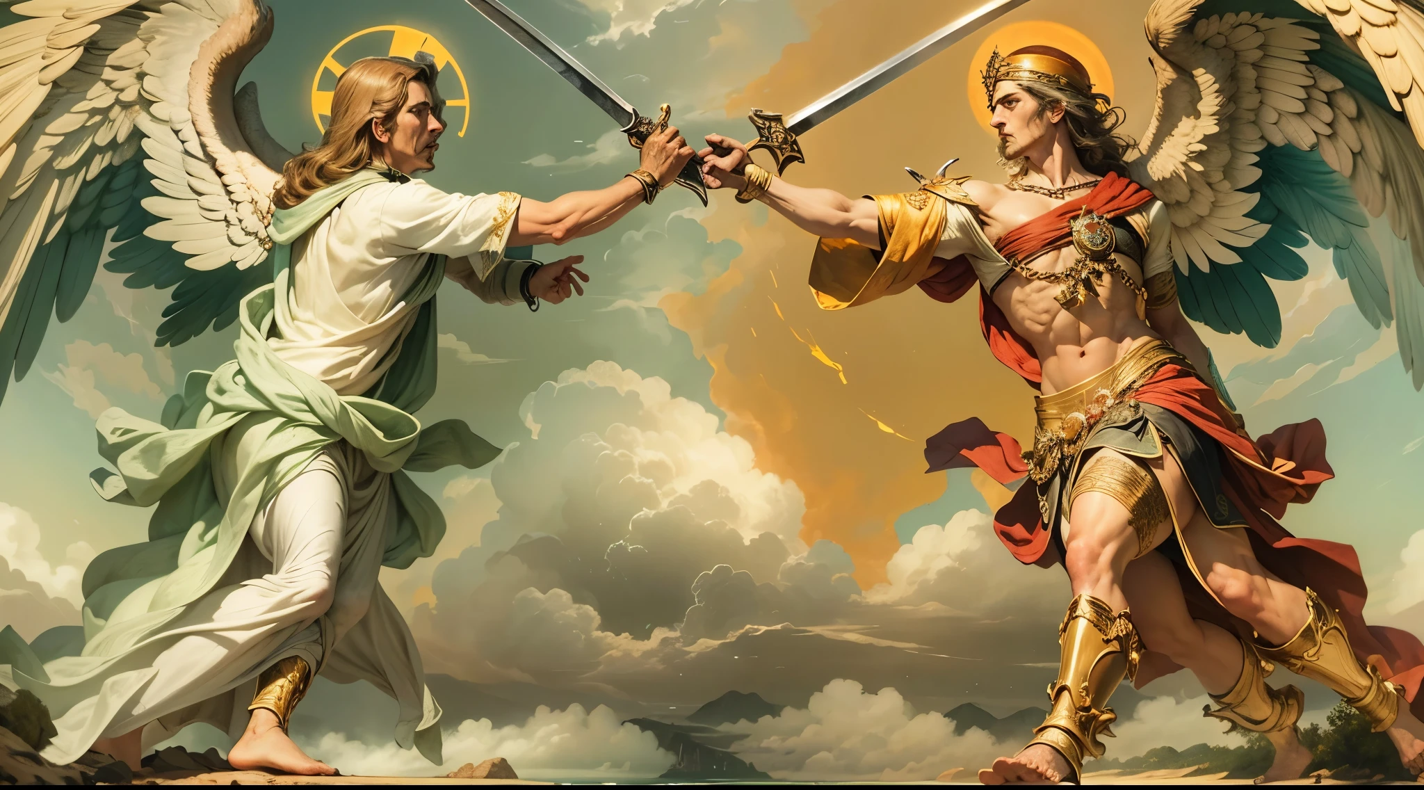 Closeup of an image of two male angels in battle with a large and long sword with attack position in their right hand, in the other left hand holding a sword in the form of an attack, Angel dressed as a Roman soldier looking at the ground, arcanjo homem com asas grandes, o anjo da fortuna, perfeito, Realistic, Biblical setting, Biblical Paradise Setting, sol e nuvens ultras realistas, flores e velas, illuminated archangel of heaven, flores coloridas, velas acesas, roupas brancas e vermelhas, St. George and St. Miguel, St, Georje montado em um lindo cavalo branco