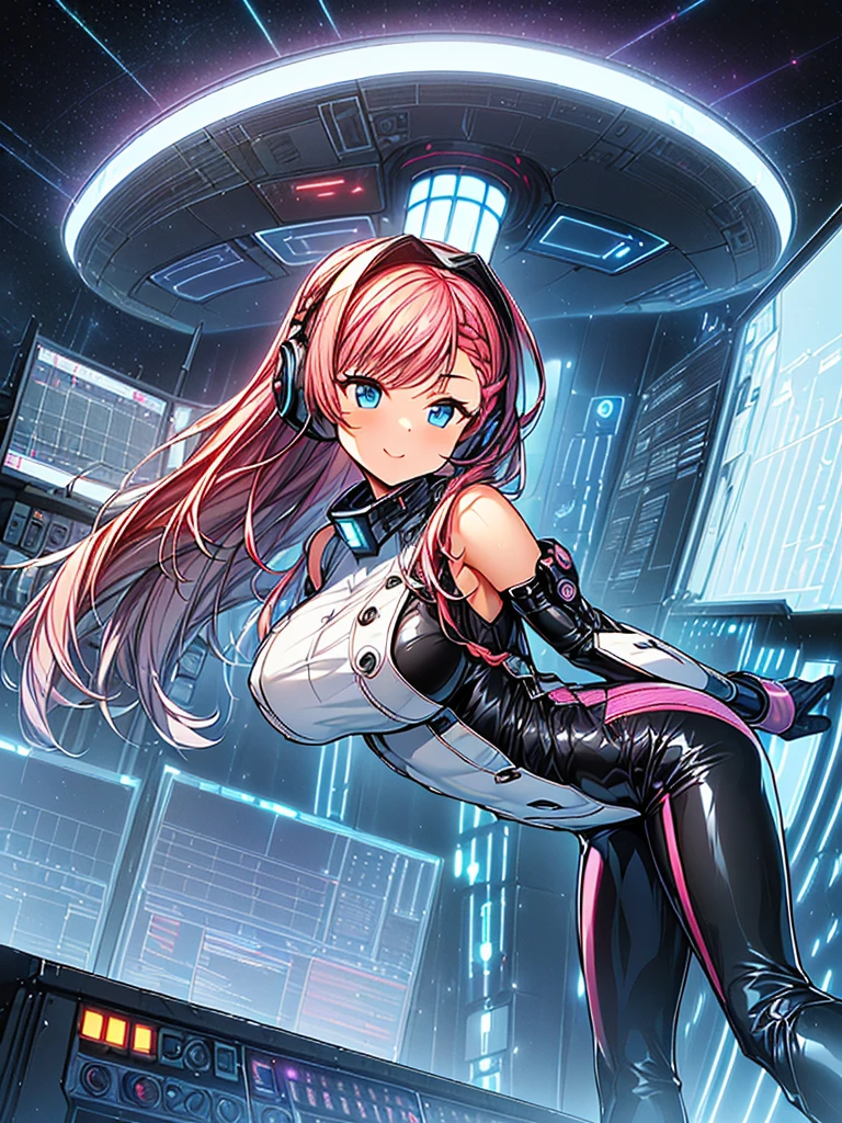masterpiece:1.4, 1girl in ((20yr old, Wearing a tight, Futuristic metallic black and dark gray bodysuit,long boots, huge-breasted, A pink-haired, long,Braided hair,marguerite'Hairstyles, Perfect model body, Blue eyes:1.4, Wearing headphones, Flirting, Happy, Looking out the window of the futuristic sci-fi space station、While admiring the beautiful galaxy:1.2, SFSF control room on night background:1.1, Neon and energetic atmosphere:1.2)) ((Galaxy)) ((Solo:1.6))