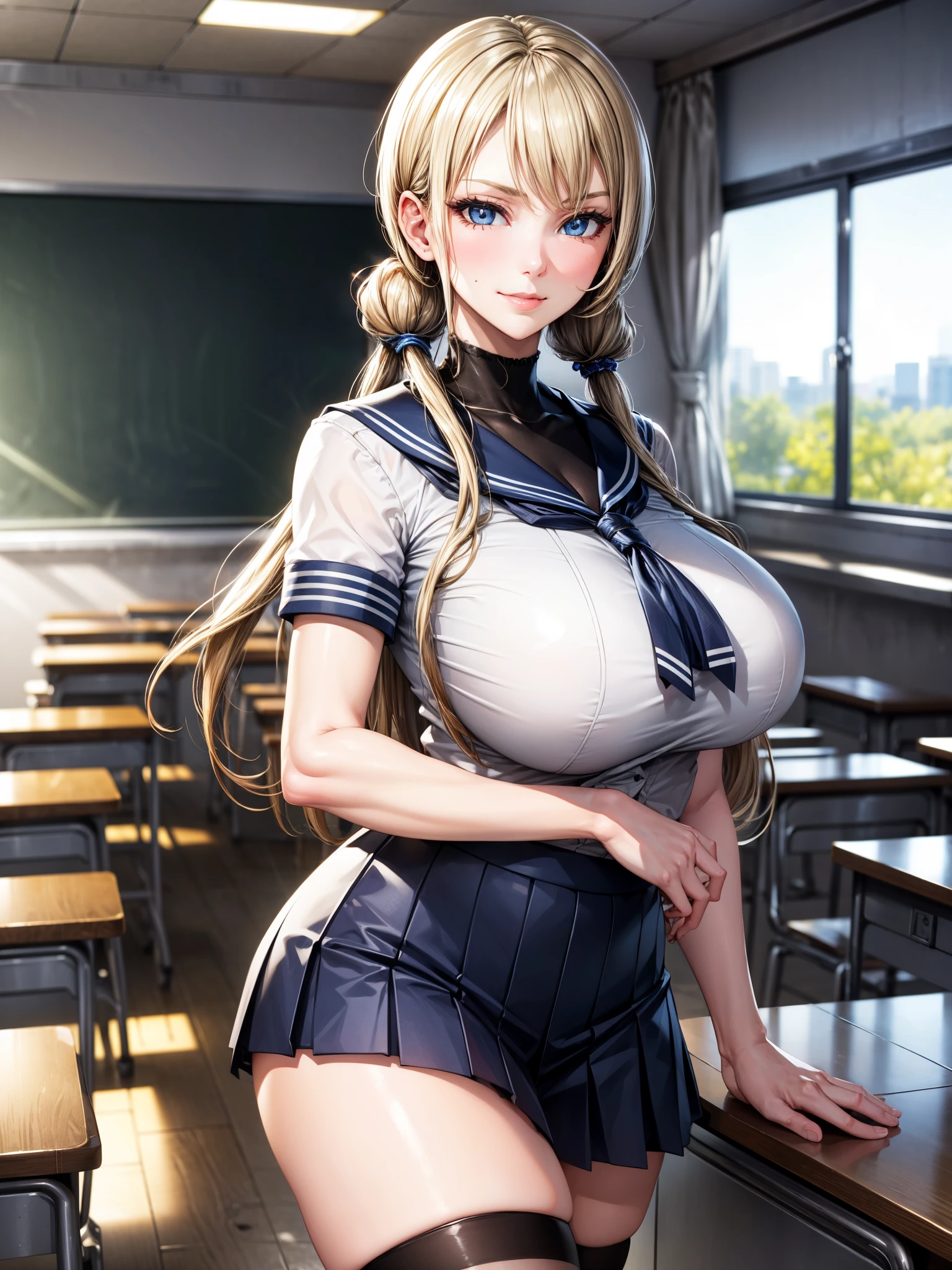 best quality, masterpiece, extremely detailed CG, extremely detailed 8K wallpaper, standing, HDR ,1girl, solo, indoors, in classroom, cowboy shot, solo, looking at viewer,, sailor uniform, blue collar, pleated navy blue skirt, long hair, blonde hair, twin tails, slight blush, blue eyes, smirking, intricate details, hyper detailed, Beautiful Fingers, Beautiful Nose, Beautiful character design, perfect eyes, perfect face, expressive eyes, straight hair, facing viewer, girl is smirking, confident, huge breasts, slim waist, short, school uniform, jk, sailor collar, white shirt, short sleeves, wide hips, short height girl, gigantic breasts, arms at side, blight black thigh highs, wearing a sci-fi white wristwatch
